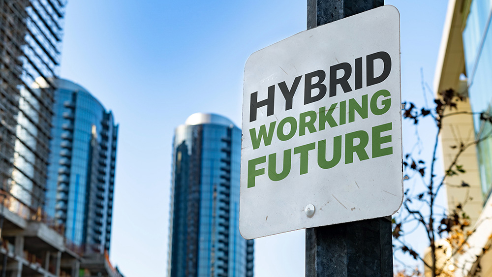Hybrid,Working,Future,Worn,Sign,In,Downtown,City,Setting