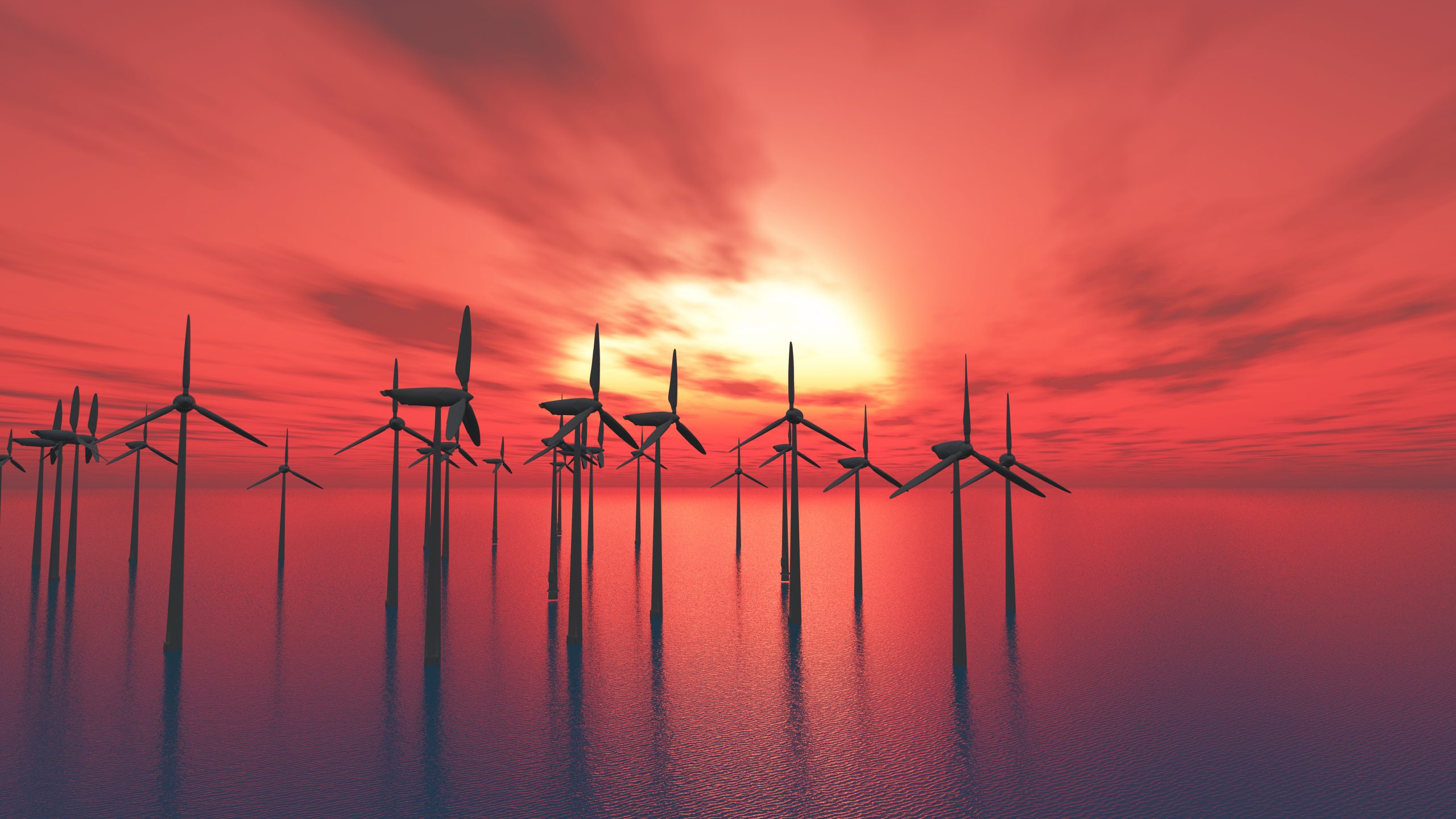 3D wind turbines in the sea against a sunset sky