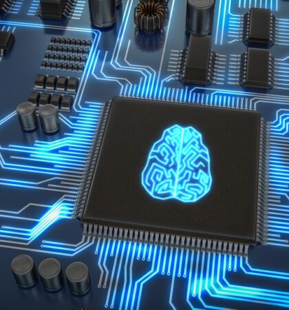 Artificial,Intelligence,Electronic,Circuit.,Microchip,With,Glowing,Brain.,3d,Rendered