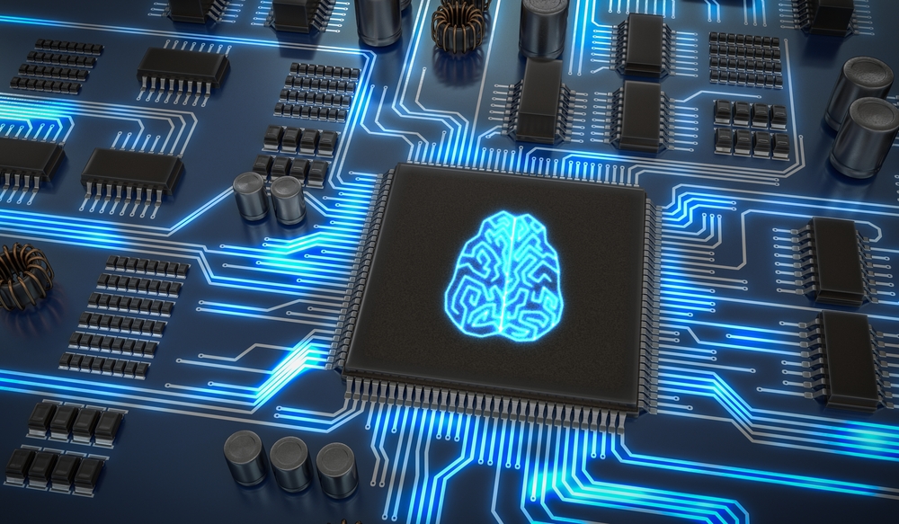 Artificial,Intelligence,Electronic,Circuit.,Microchip,With,Glowing,Brain.,3d,Rendered