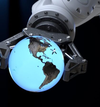 High,Tech,Robotic,Arm,Holding,An,Globe,With,Orbiting,Satellite
