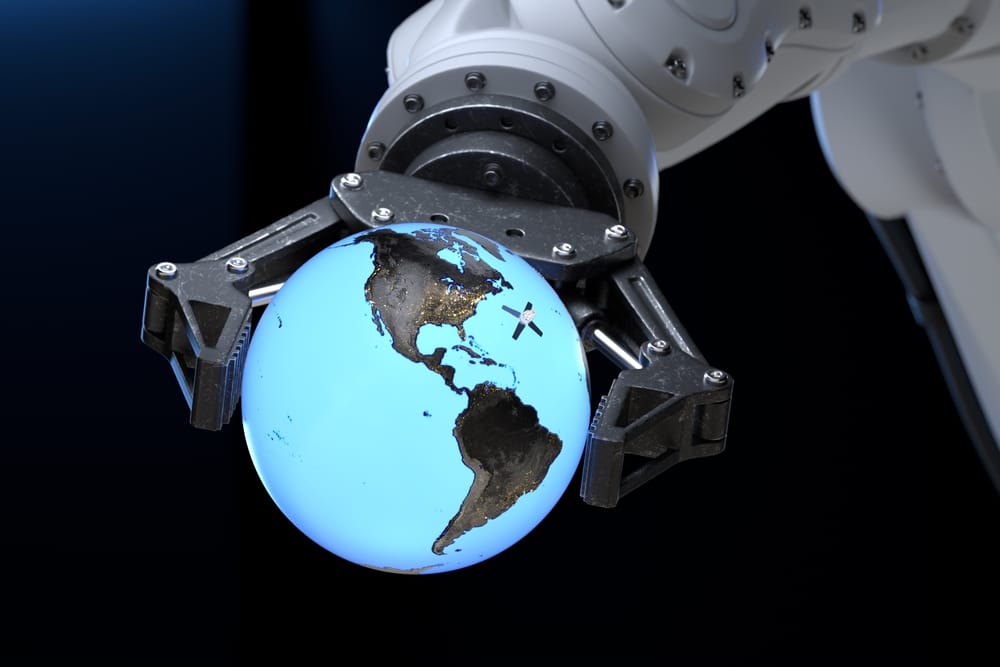 High,Tech,Robotic,Arm,Holding,An,Globe,With,Orbiting,Satellite