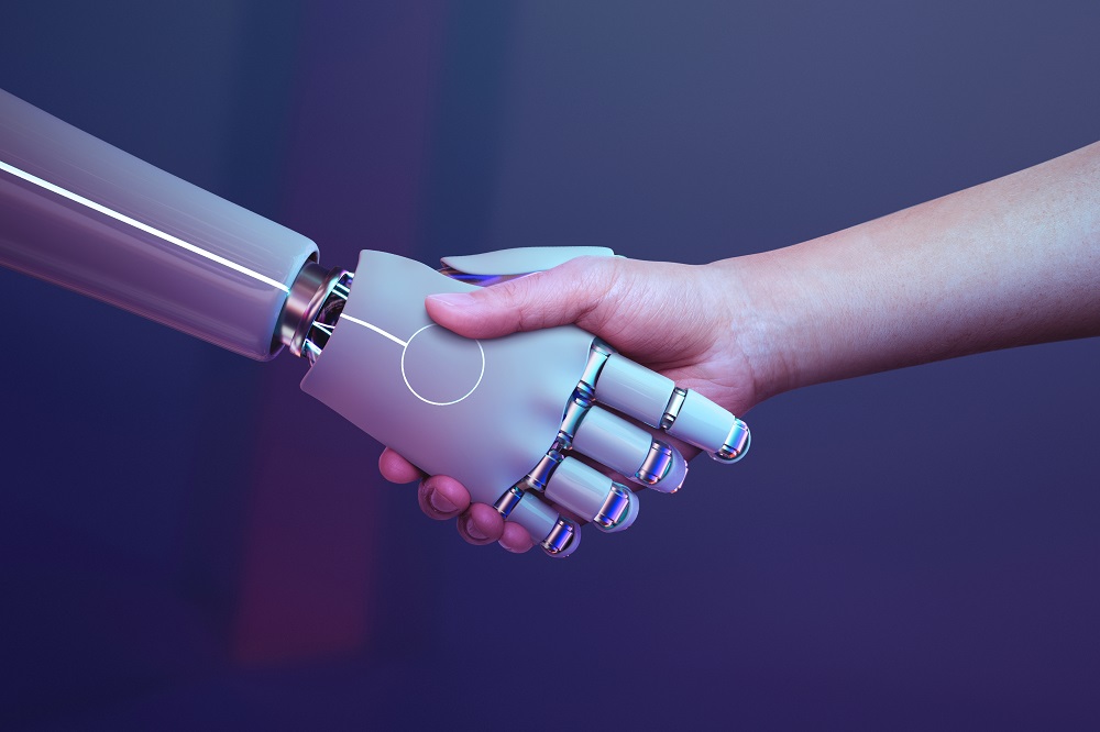 Robot,Handshake,Human,Background,,Futuristic,Digital,Age